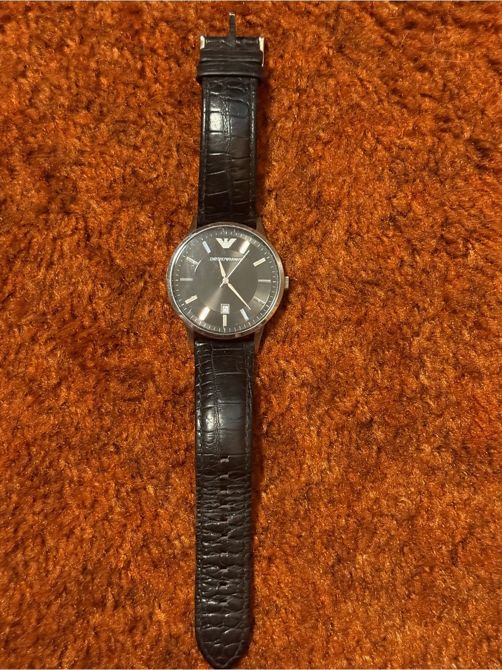 Emporio Armani Black Dial Silver-Tone Case Leather Strap Watch - Picture 2 of 4